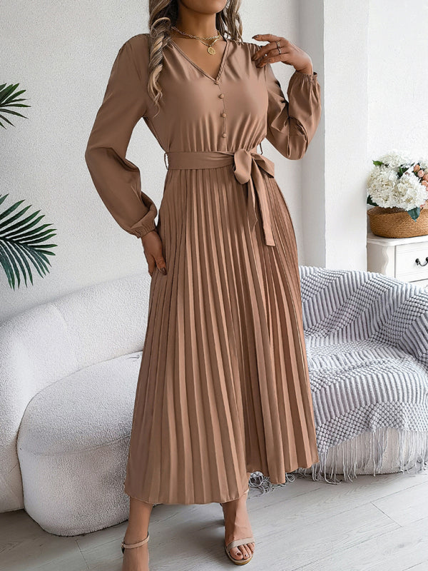 Women’s Elegant Pleated V-Neck Long Sleeve Maxi Dress