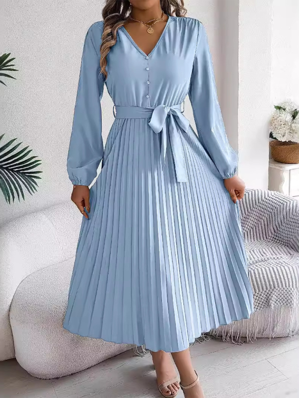 Women’s Elegant Pleated V-Neck Long Sleeve Maxi Dress