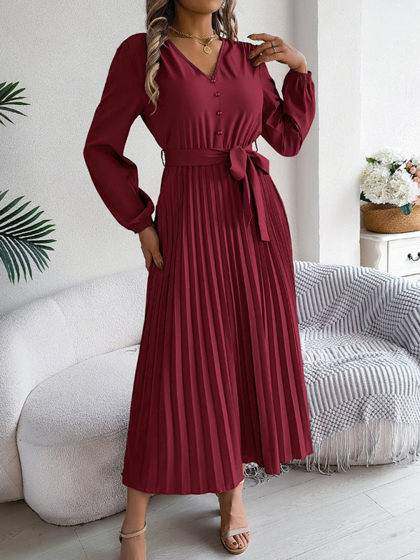 Women’s Elegant Pleated V-Neck Long Sleeve Maxi Dress