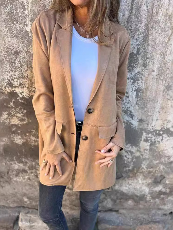 Women’s Faux Suede Long Sleeve Coat with Lapel