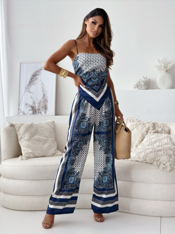 Paisley Print Handkerchief Top with Wide Leg Pants Set