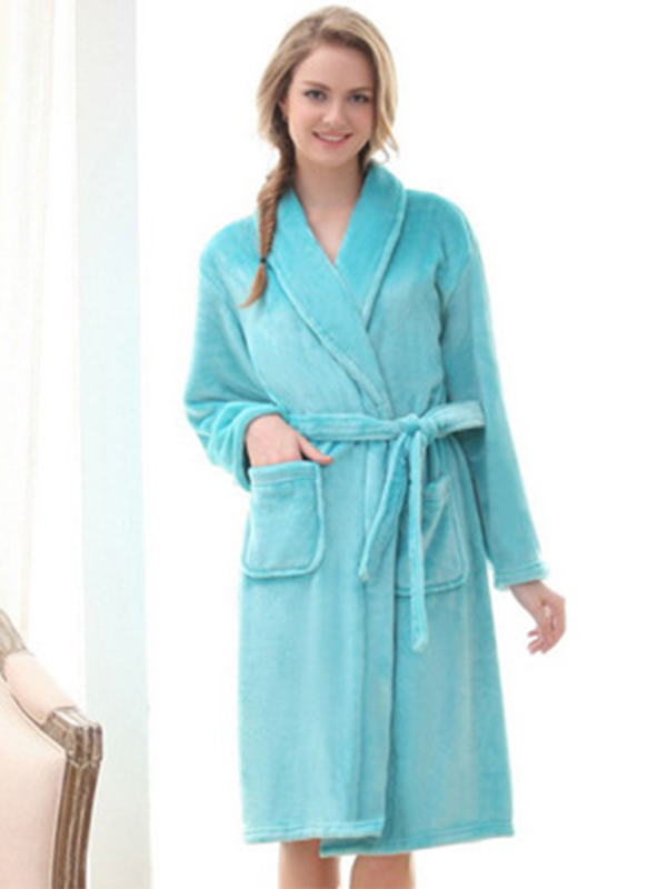 Cozy Long Sleeve Bath Robe with Pockets and Waist Tie