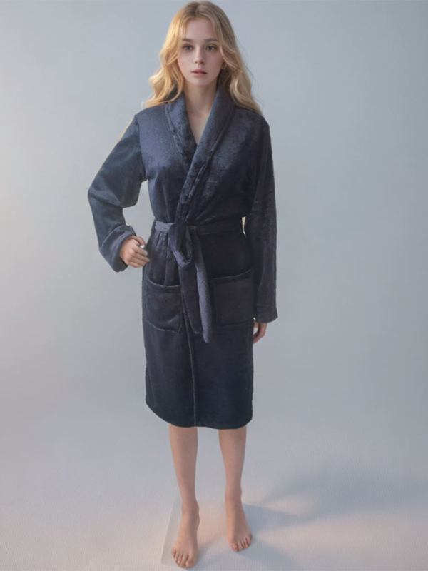 Cozy Long Sleeve Bath Robe with Pockets and Waist Tie