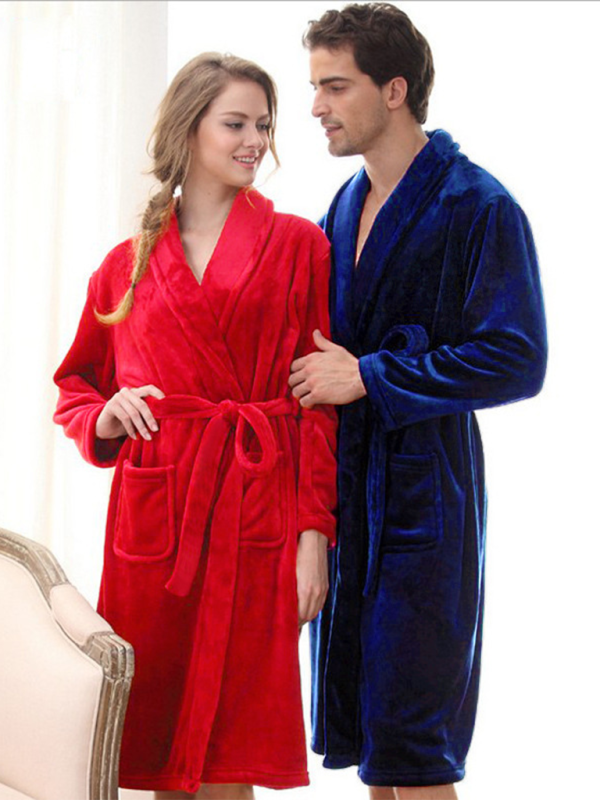 Cozy Long Sleeve Bath Robe with Pockets and Waist Tie