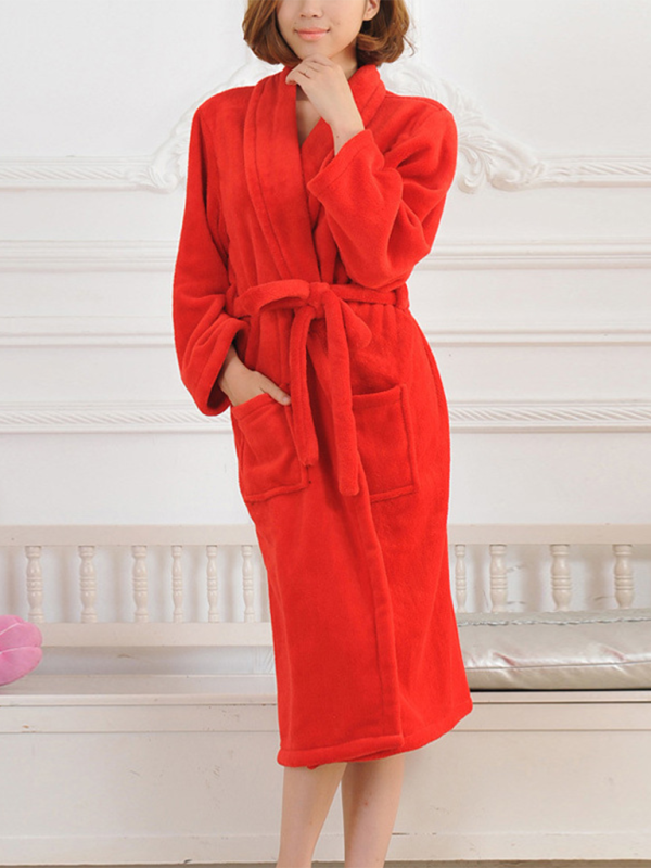 Cozy Long Sleeve Bath Robe with Pockets and Waist Tie