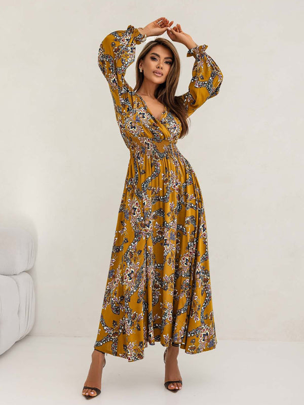 Elegant V-Neck Long Sleeve Maxi Dress