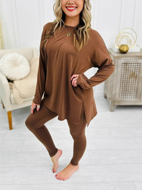 Women's long sleeve top with legging lounge set in brown, perfect for comfort and style.