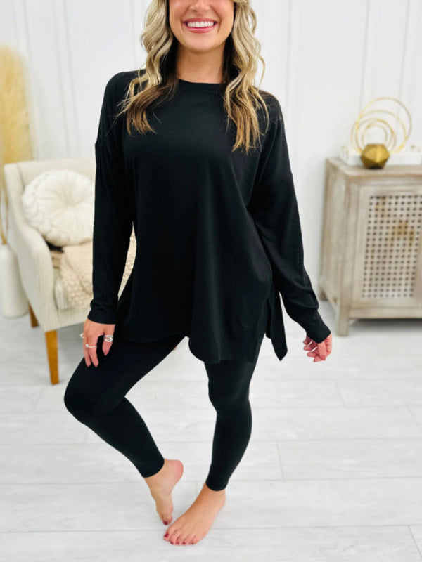 Women's long sleeve top with leggings lounge set in black, perfect for cozy wear.