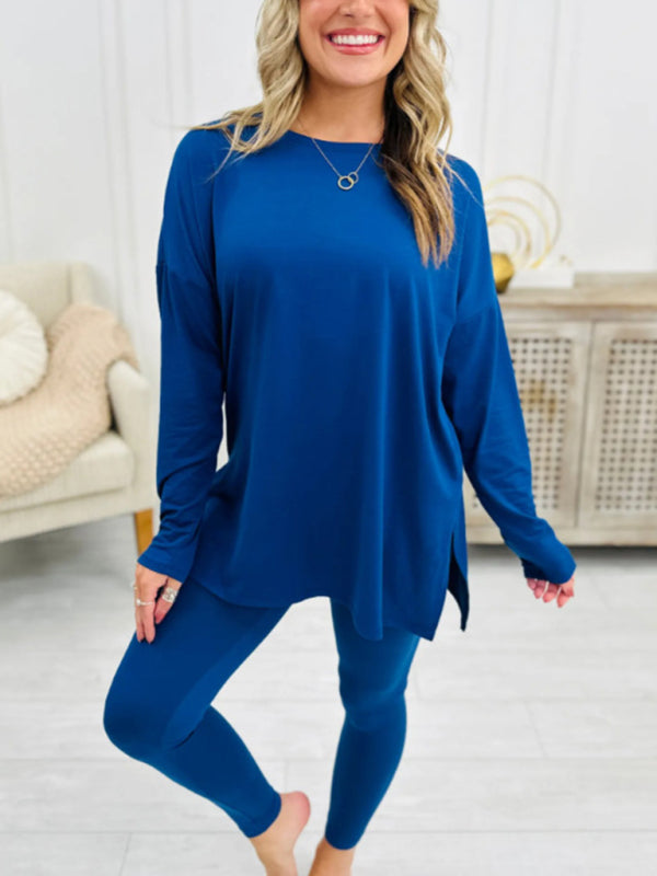 Women's long sleeve top with legging lounge set in blue.