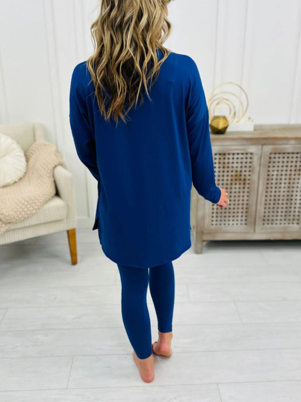 Women's long sleeve top with leggings lounge set in blue, cozy and stylish loungewear.