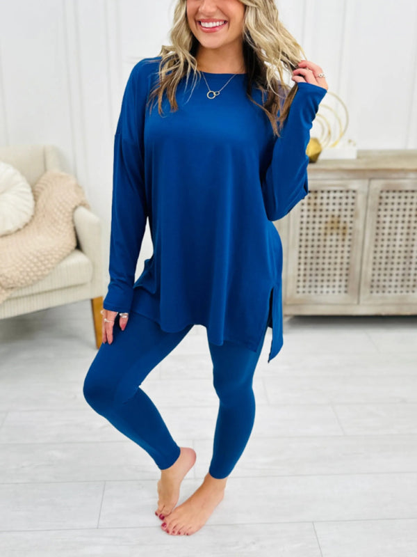 Women's blue long sleeve top with matching leggings lounge set