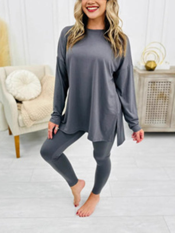 Women's long sleeve top and legging lounge set in gray, comfortable and stylish for home or outings.