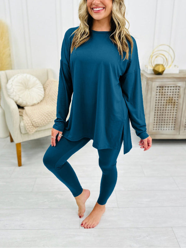 Women's long sleeve top with leggings lounge set in blue.