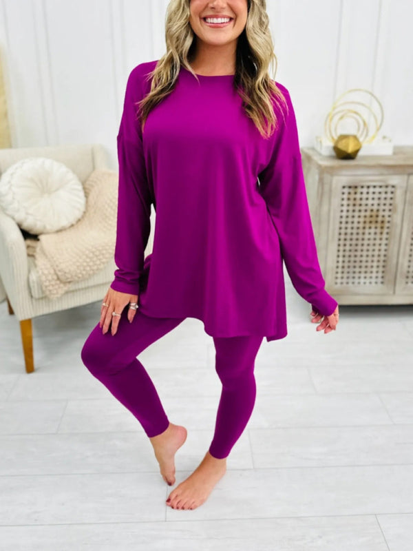 Women's long sleeve top with matching leggings lounge set in purple, designed for comfort and style.