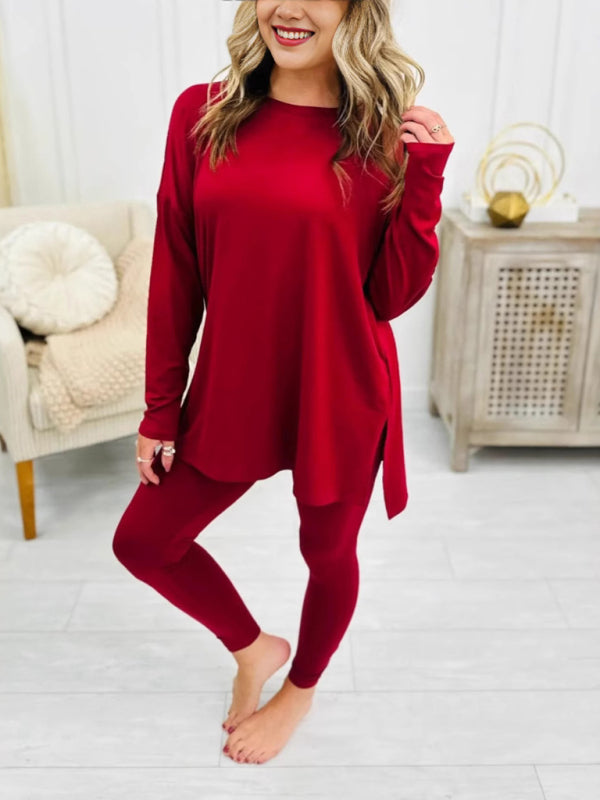 Women's lounge set with long sleeve top and leggings in red, ideal for cozy or casual wear.