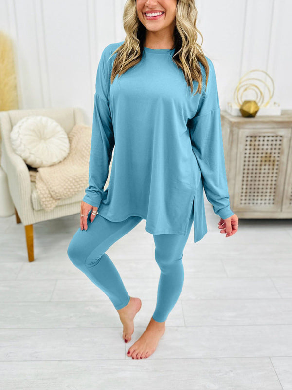 Women's long sleeve top with legging lounge set in blue, showcasing comfortable and stylish loungewear.