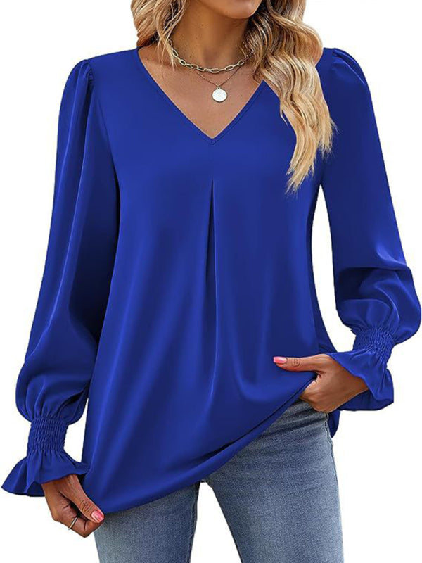 Elegant long sleeve V-neck pleated chiffon blouse in blue.