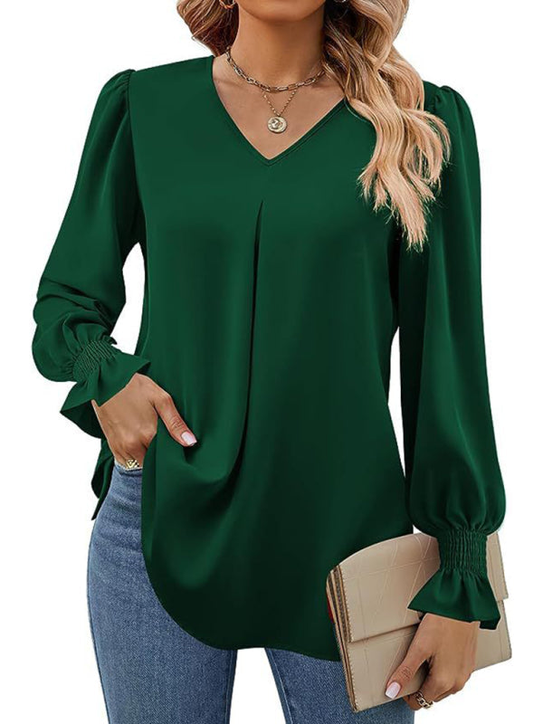 Elegant long sleeve V-neck pleated chiffon blouse in green.