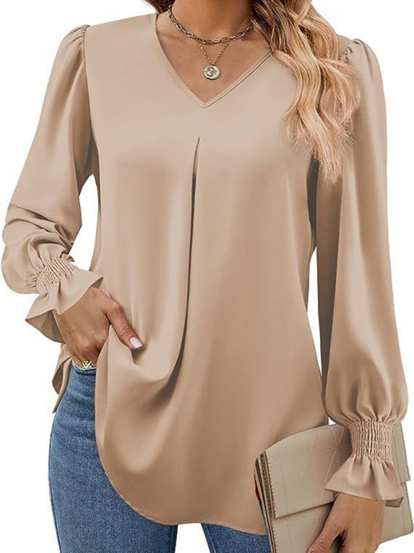 Elegant long sleeve V-neck pleated chiffon blouse in beige.