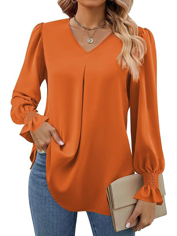 Elegant long sleeve V-neck pleated chiffon blouse in orange.