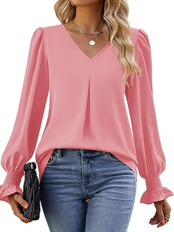 Elegant long sleeve V-neck pleated chiffon blouse in pink.