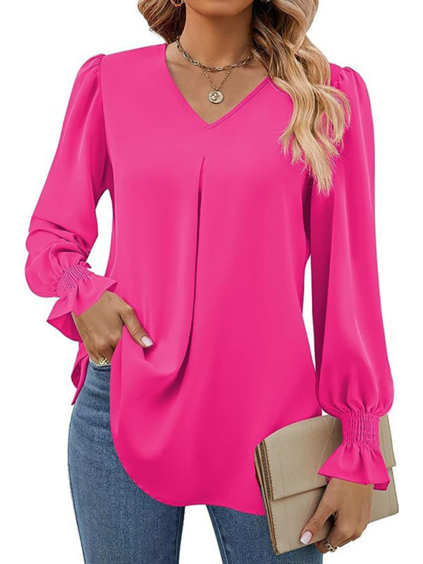 Elegant long sleeve V-neck pleated chiffon blouse in vibrant pink color.