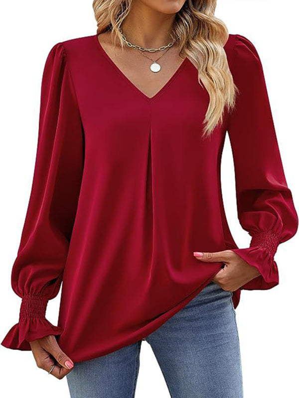 Elegant long sleeve V-neck pleated chiffon blouse in red.