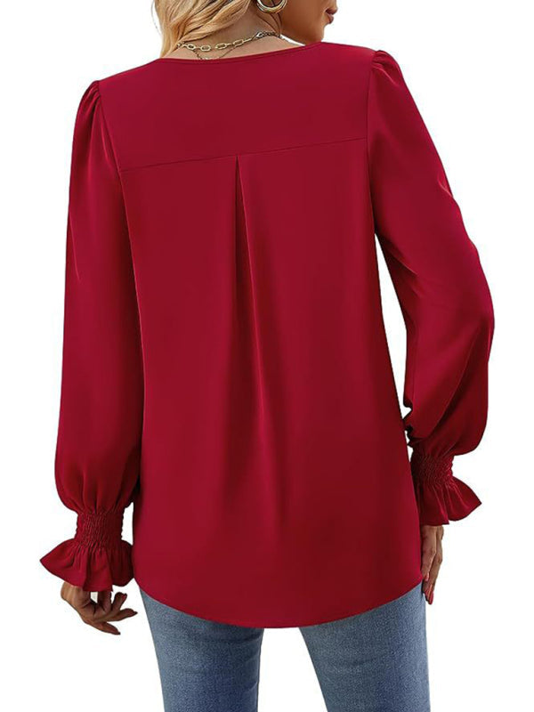 Elegant long sleeve V-neck pleated chiffon blouse in red.