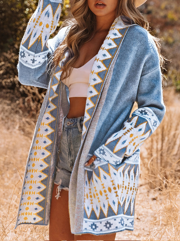 Knit Ethnic Print Mid Length Open Cardigan