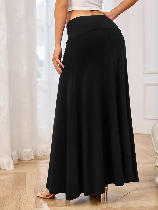 Solid Colour Maxi Skirt with Wide Waistband