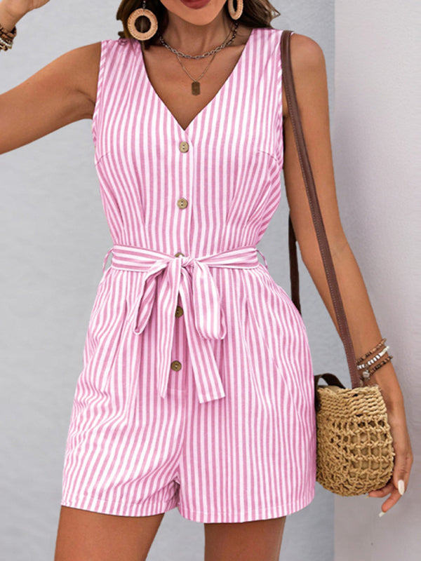 Striped V-neck sleeveless romper with waist tie and side pockets.