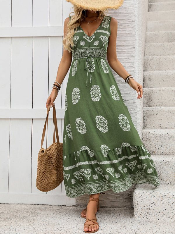Green ethnic style casual V-neck high waist dress with self design and woven fabric.