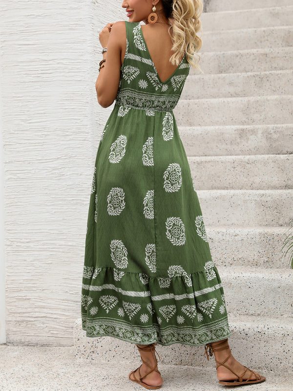 Green ethnic style casual V-neck high waist dress with self design and woven fabric.