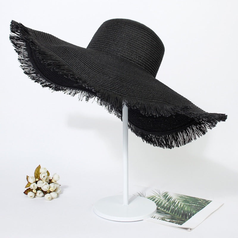 Women’s Large Brim Straw Beach Hat with Fringe in 4 Colors