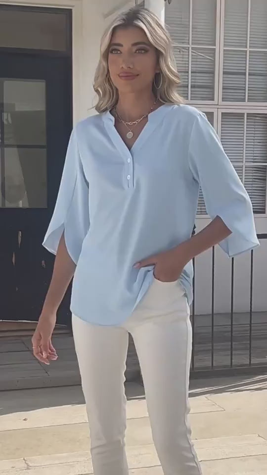 Women’s Button V-Neck Chiffon Half Sleeve Blouse