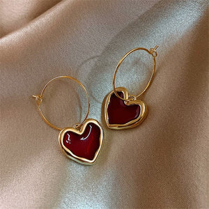 Burgundy Dangle Heart Earrings - Wazzi's Wear
