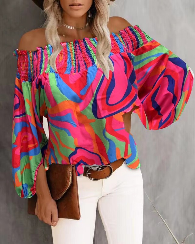 Women's Off-the-Shoulder Printed Boho Top with Puffed Sleeves in 3 Patterns Sizes S-XXL
