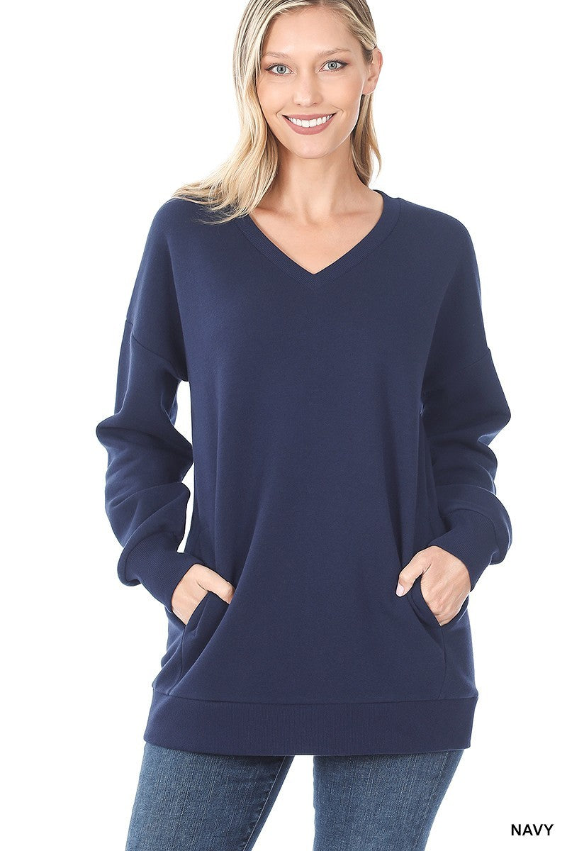 Navy Sweatshirt with V-Neck and Side Pockets - Wazzi's Wear