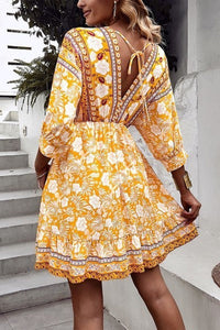 Yellow Floral V-Neck Long Sleeve Boho Dress XL - Wazzi's Wear