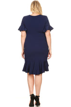 Load image into Gallery viewer, Plus Size Navy Mermaid Dress with Ruffled Short Sleeves and Asymmetrical Hem