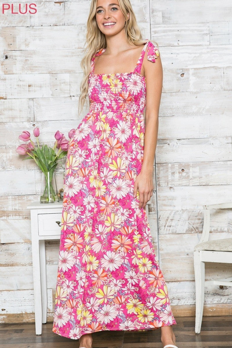 Plus Size Floral Sleeveless Maxi Dress with Knotted Shoulder Straps - Wazzi's Wear