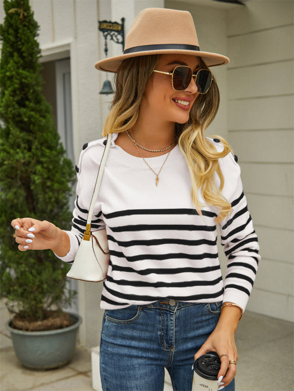 Women’s Long Sleeve Striped Sweater with Button Detail in 3 Colors S-XL - Wazzi's Wear