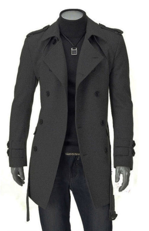 Men's Double Breasted Woolen Coat with Waist Tie and Pockets M-4XL - Wazzi's Wear