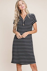 Striped V-Neck Dress with Faux Buttons - Wazzi's Wear