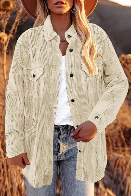 Women's Corduroy Buttoned Long Sleeve Shirt Jacket in 6 Colors S-XXL - Wazzi's Wear