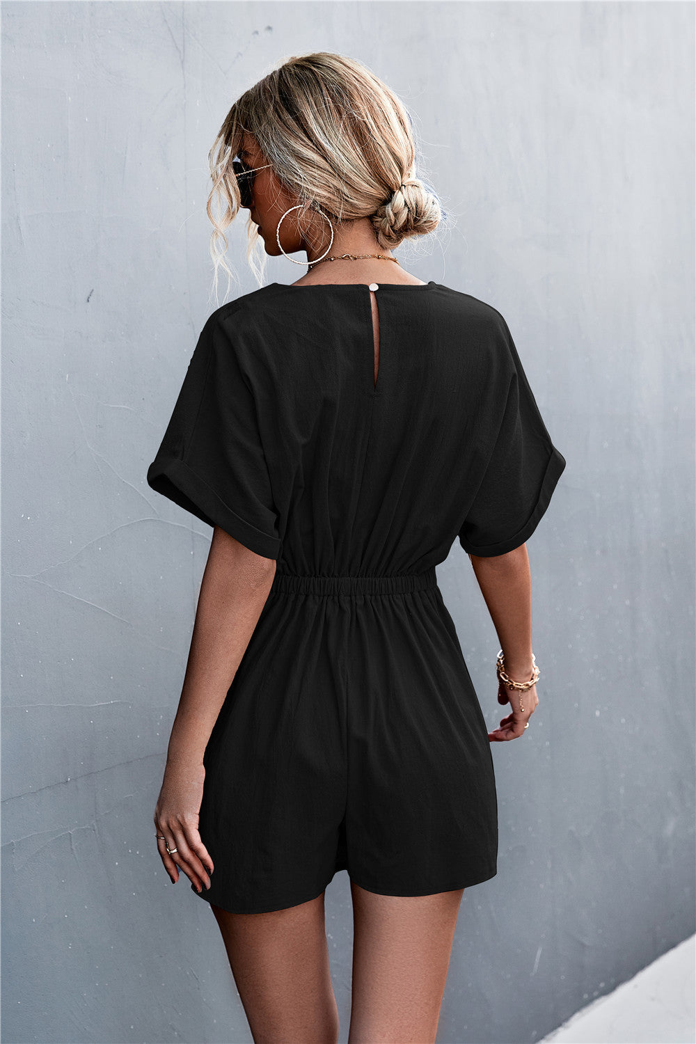 Women’s Black V-Neck Short Sleeve Romper with Waist Tie Sizes S-XL - Wazzi's Wear