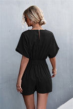 Load image into Gallery viewer, Women’s Black V-Neck Short Sleeve Romper with Waist Tie Sizes S-XL
