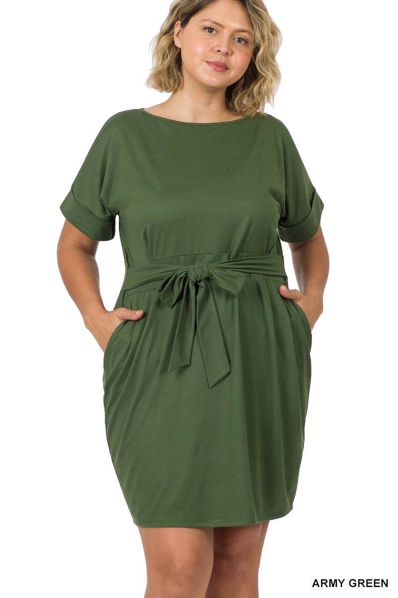 Plus Size Round Neck Midi Dress with Waist Tie and Side Pockets 1X-3X - Wazzi's Wear