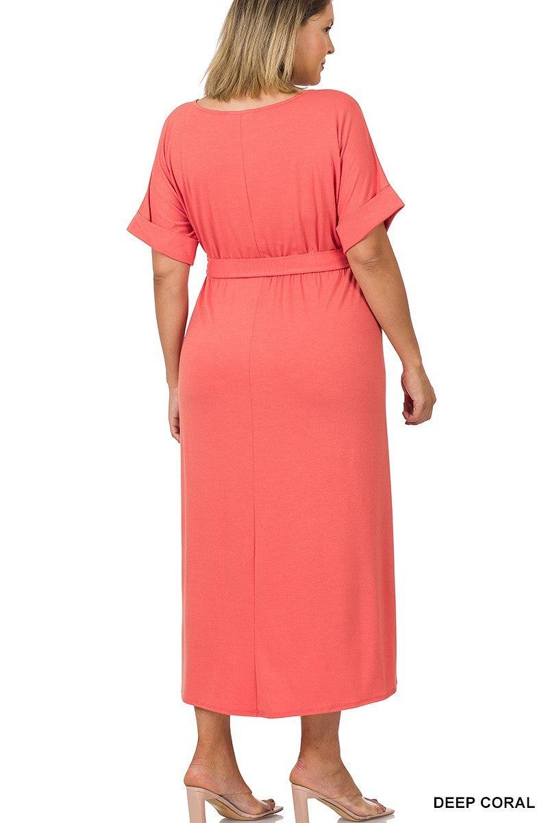 Plus Size Tulip Dress with Round Neck, Waist Tie and Short Sleeves 1X-3X - Wazzi's Wear