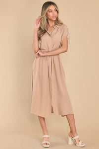 Women's Solid Midi Short Sleeve Dress with Drawstring and Pockets in 4 Colors Sizes 4-18